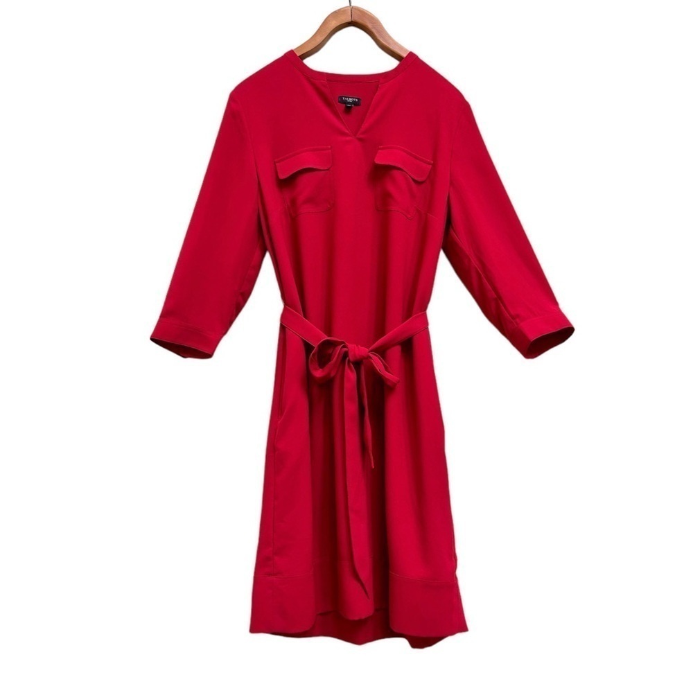 Talbots Red Popover Slit Neck Tie Waist 3/4 Sleeve Pocket Dress, Size 10 Petite